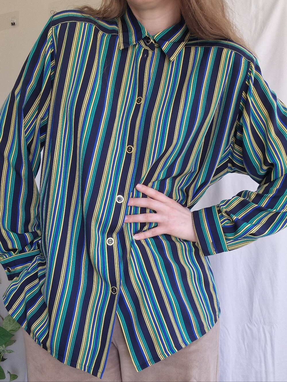 Vintage Striped Button-Up Shirt in Navy, Teal & Yellow
